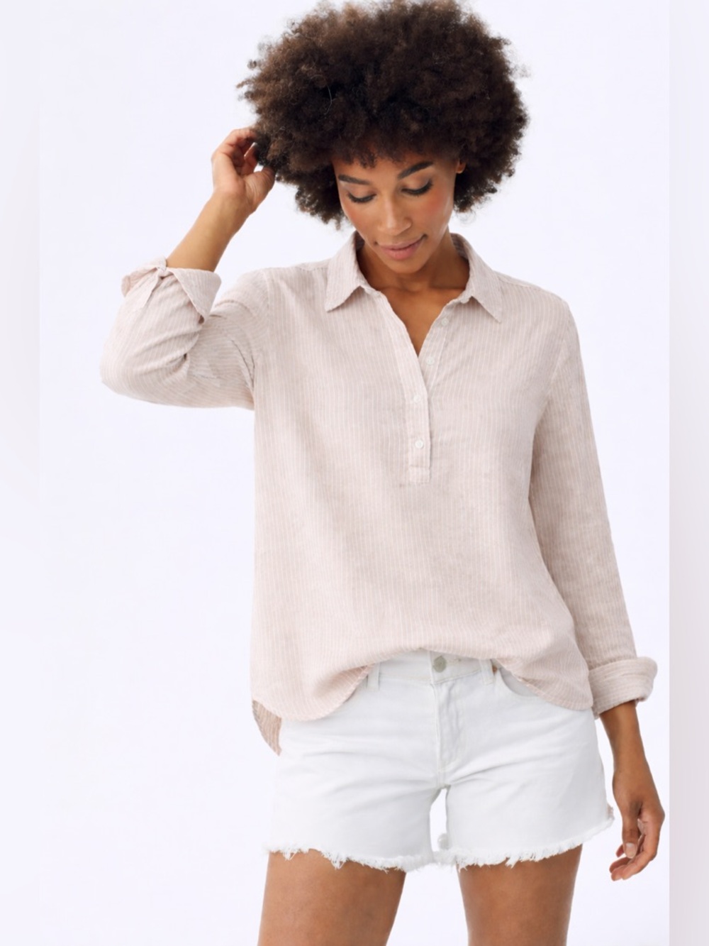 Jones & Co Linen Shirt Size L Beige Stripe Lightweight Button Front